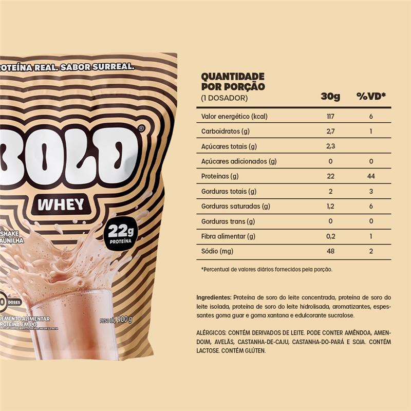 Embalagem de BOLD Whey Milkshake de Baunilha com ingredientes e tabela nutricional