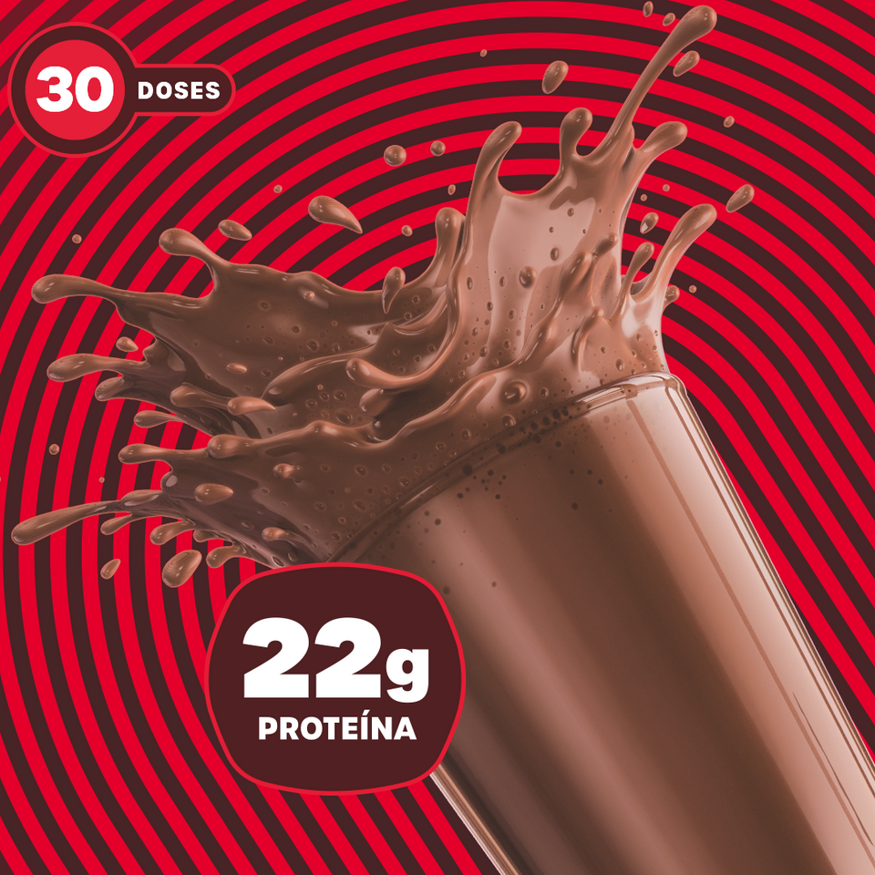 Shake de BOLD Whey Chocolate ao Leite com splash e fundo vermelho vibrante