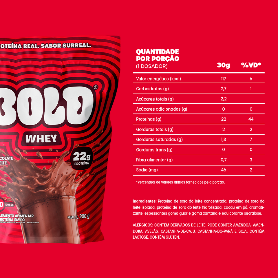 Embalagem de BOLD Whey Chocolate ao Leite com ingredientes e tabela nutricional