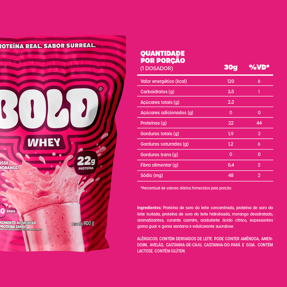 Embalagem de BOLD Whey Mousse de Morango com tabela nutricional e ingredientes
