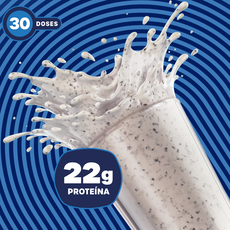 Shake de BOLD Whey Cookies & Cream com splash sobre fundo azul e destaque para 22g de proteína