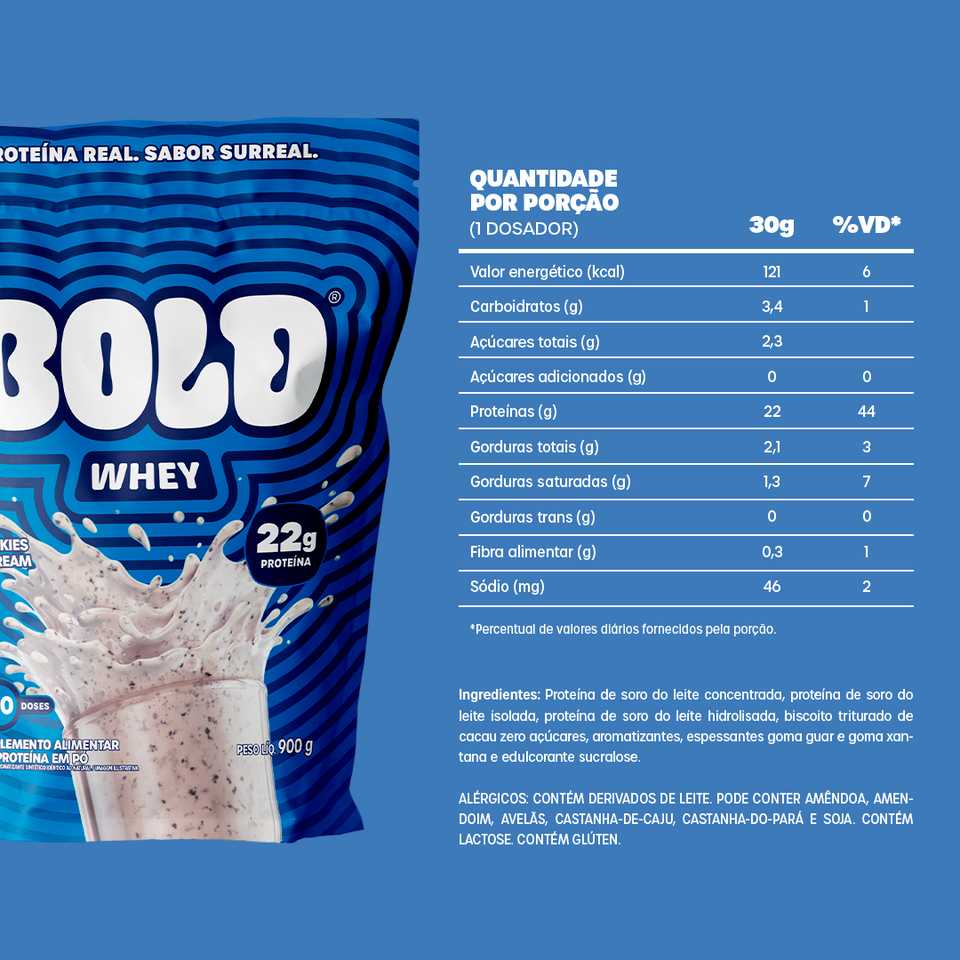 Embalagem de BOLD Whey Cookies & Cream com ingredientes e tabela nutricional