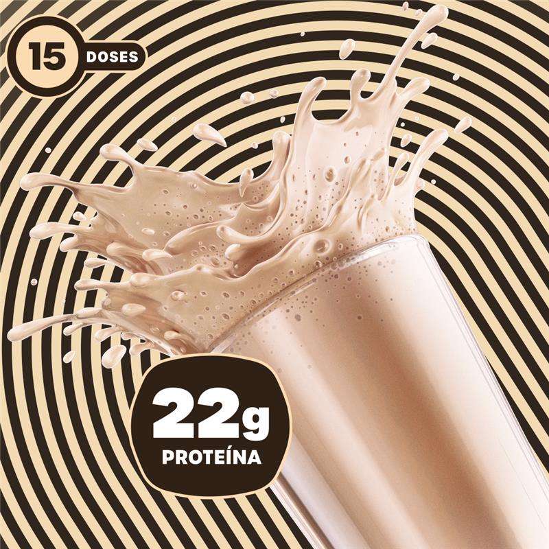 Shake de BOLD Whey sabor Milkshake de Baunilha com efeito de splash sobre fundo listrado bege