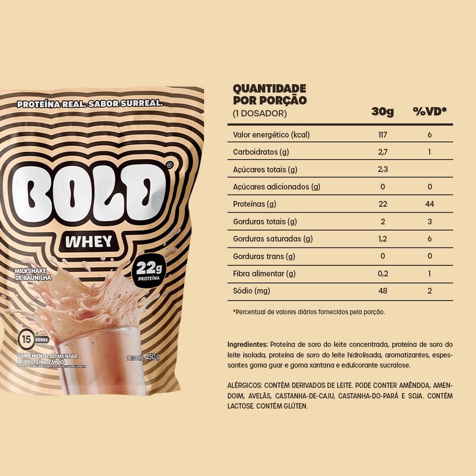 Embalagem de BOLD Whey Milkshake de Baunilha com ingredientes e tabela nutricional