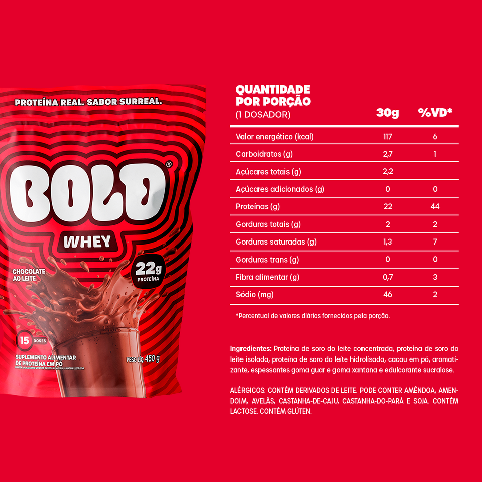 Embalagem de BOLD Whey Chocolate ao Leite com ingredientes e tabela nutricional
