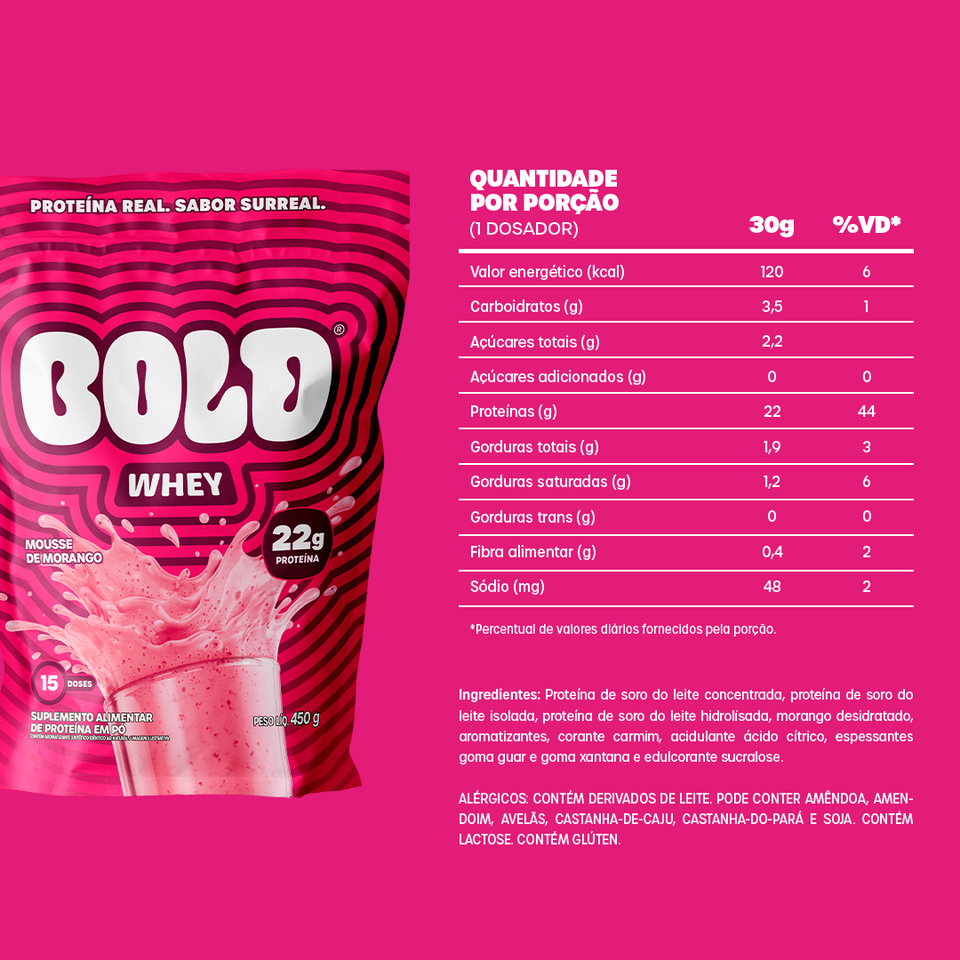 Embalagem de BOLD Whey Mousse de Morango com ingredientes e tabela nutricional