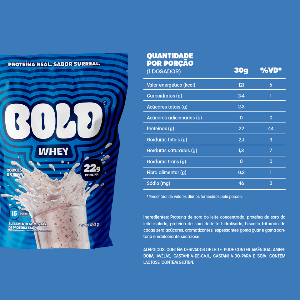 Embalagem de BOLD Whey Cookies & Cream com tabela nutricional e ingredientes