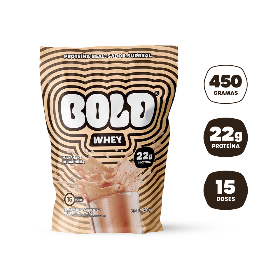 Embalagem de BOLD Whey Milkshake de Baunilha 450g com 22g de proteína por dose e 15 doses