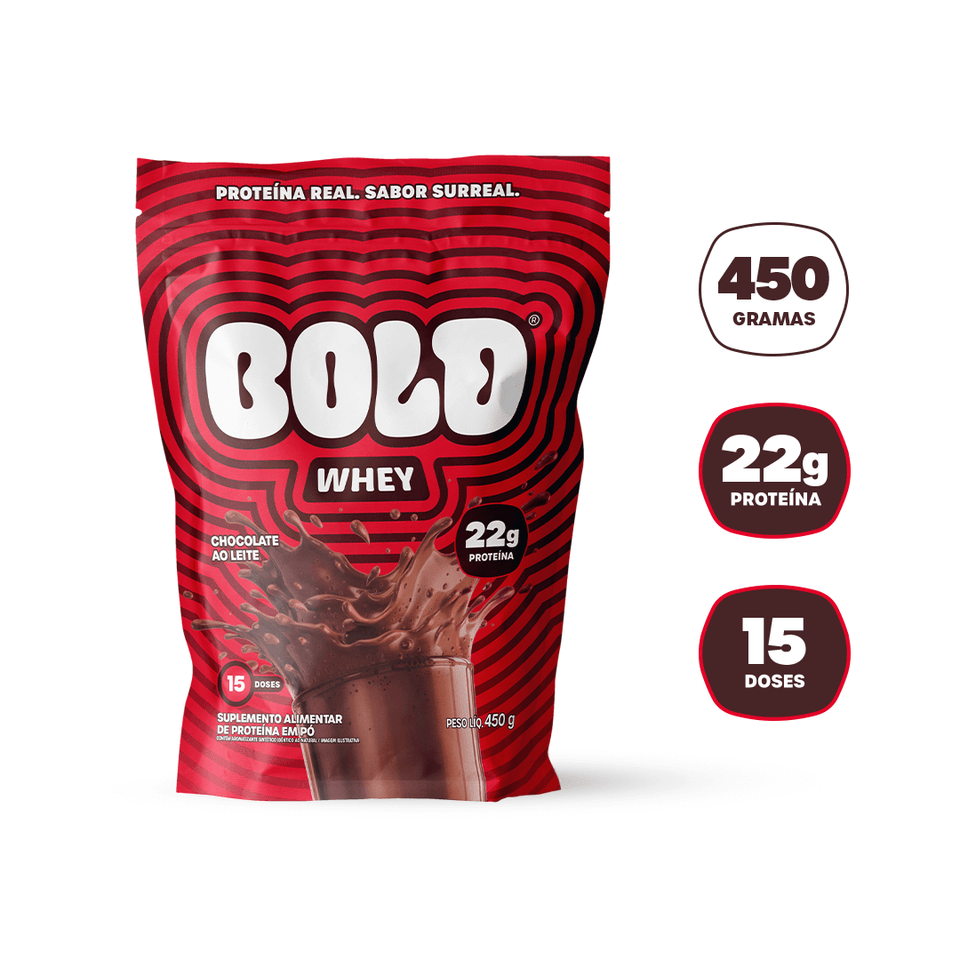 Embalagem de BOLD Whey Chocolate ao Leite 450g com 22g de proteína por dose e 15 doses