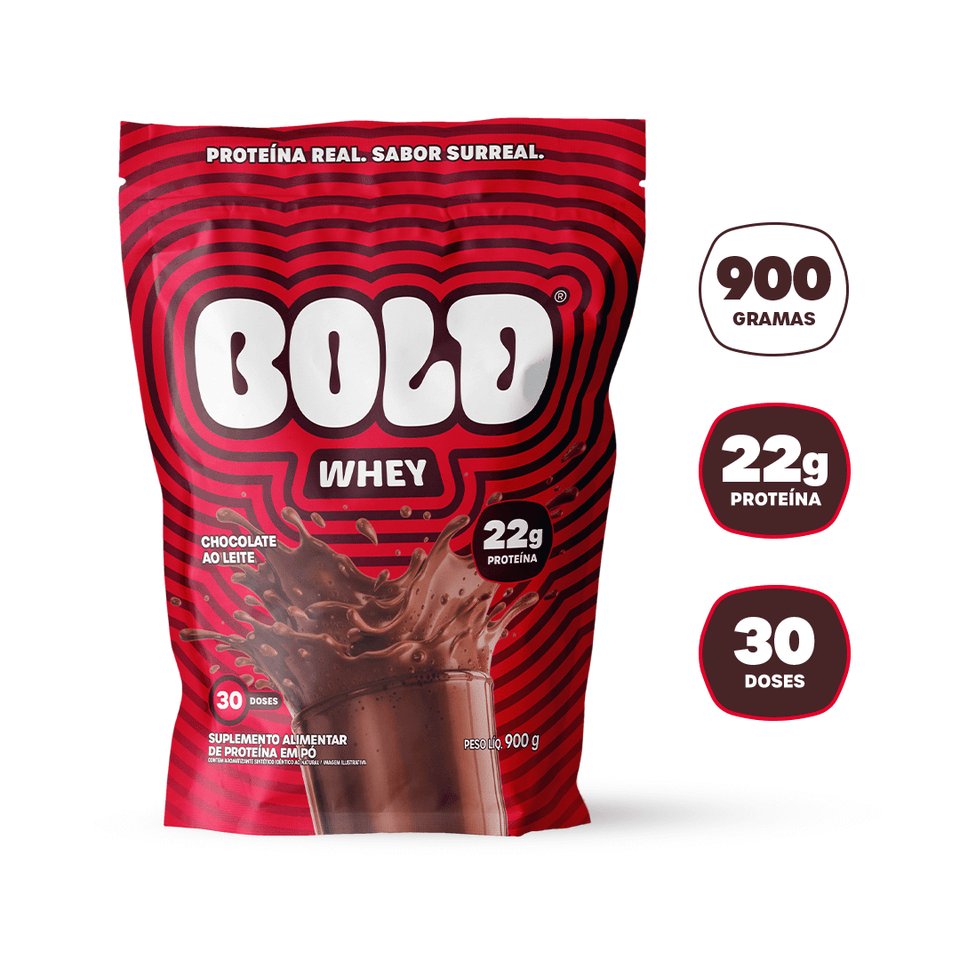 Embalagem de BOLD Whey Chocolate ao Leite 900g com 22g de proteína por dose e 30 doses