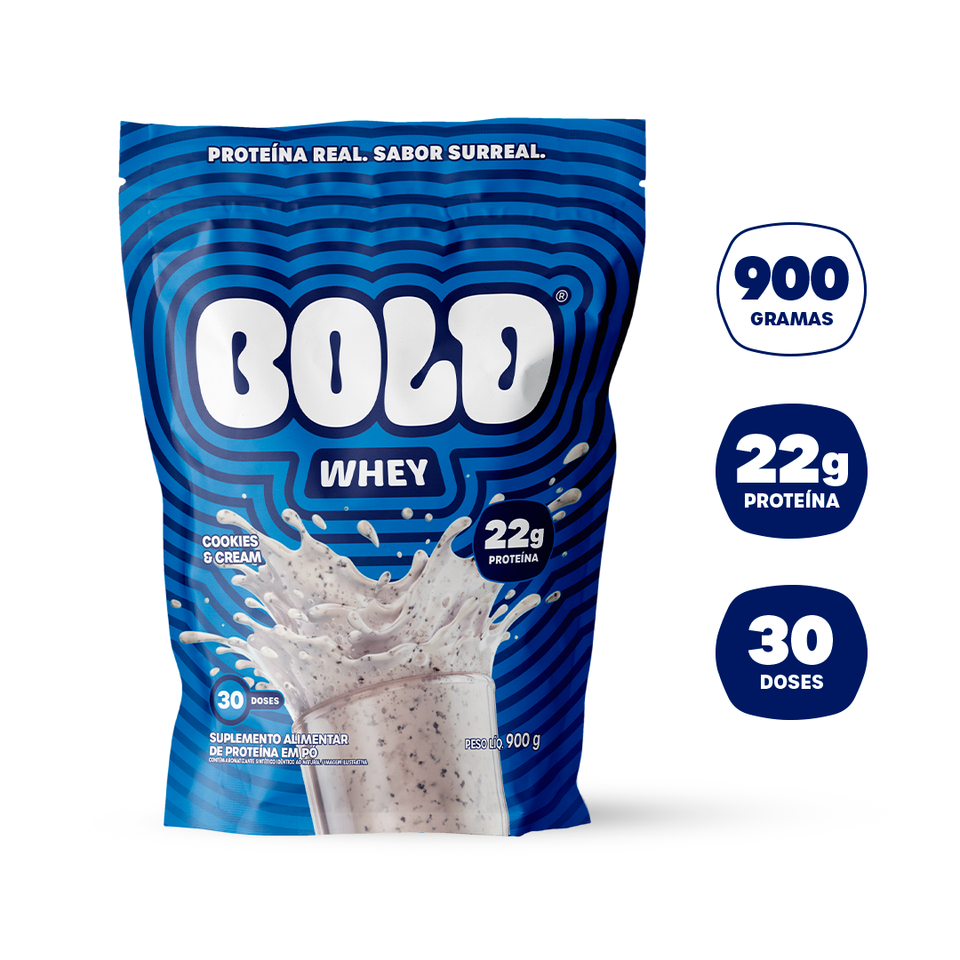 Embalagem de BOLD Whey Cookies & Cream 900g com 22g de proteína por dose e 30 doses