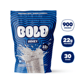 Embalagem de BOLD Whey Cookies & Cream 900g com 22g de proteína por dose e 30 doses