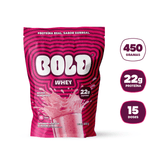 Embalagem de BOLD Whey Mousse de Morango com ícones indicando 22g de proteína por dose e 15 doses