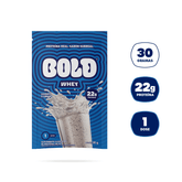 Embalagem do sachê BOLD Whey Cookies & Cream com 22g de proteína e 1 dose