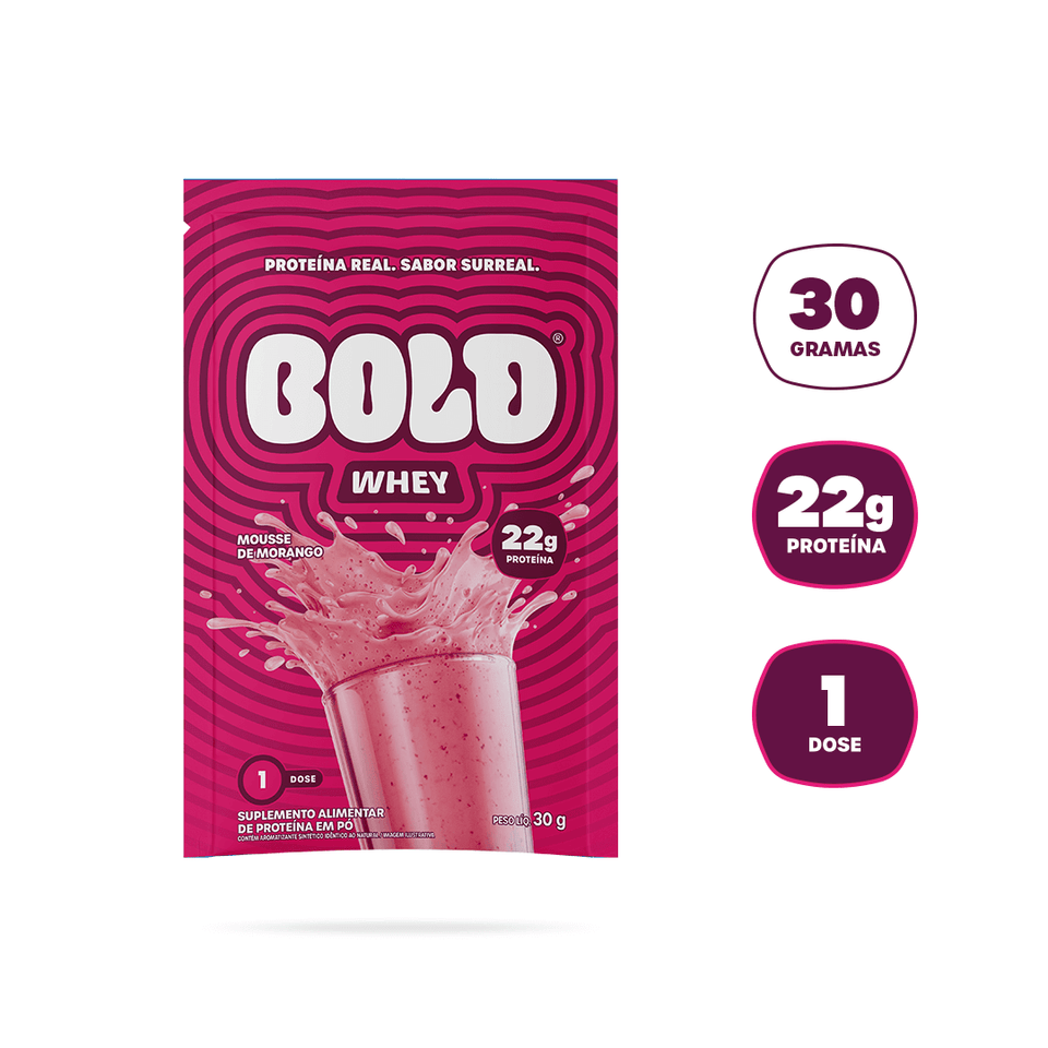 Embalagem do sachê BOLD Whey Mousse de Morango com 22g de proteína e 1 dose