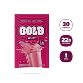 Embalagem do sachê BOLD Whey Mousse de Morango com 22g de proteína e 1 dose